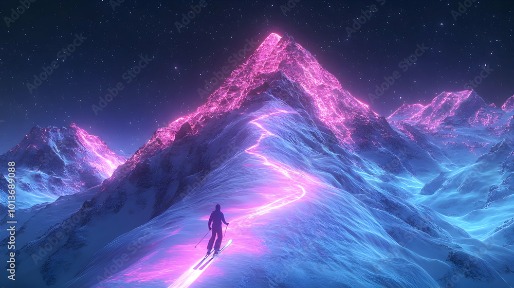 Fototapeta premium 3D Abstract Glowing Skier Descending Futuristic Mountain with Radiant Digital Snow - Ideal for Winter Sports Promotions