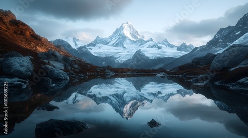Fototapeta Naklejka Na Ścianę i Meble -  Breathtaking panoramic view of a majestic snow capped mountain range with rugged rocky peaks reflected in a serene and pristine alpine lake