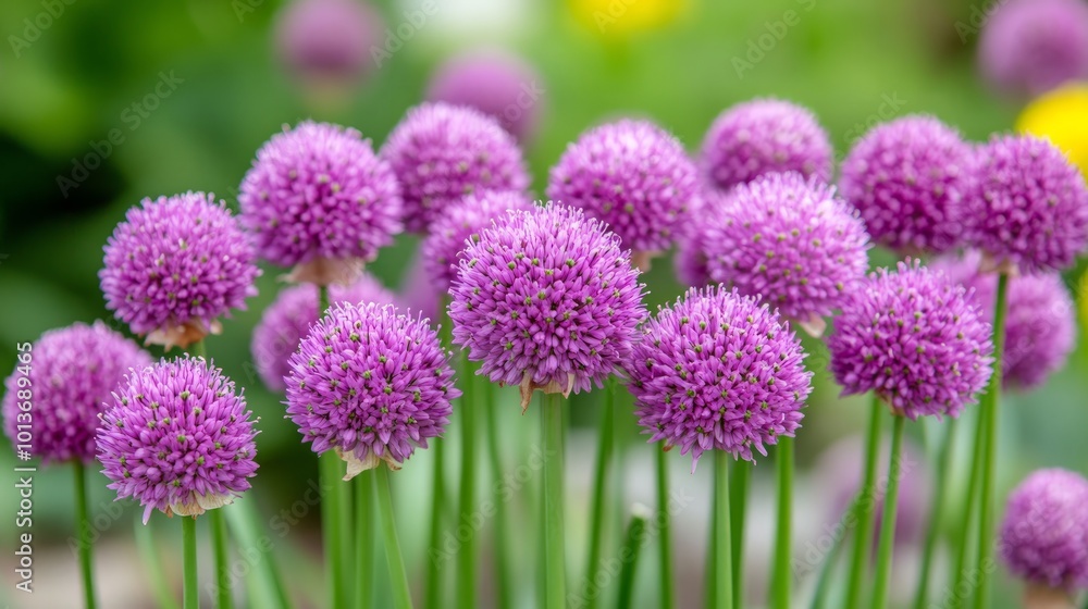 A close-up of a cluster of purple chives blooming in a garden. A close-up of a cluster of purple chives blooming in a garden.