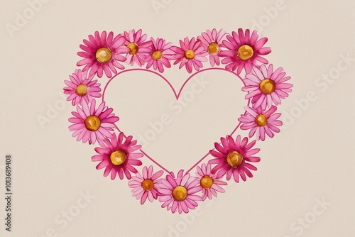 Watercolor Daisies Forming Heart Outline in Pink Tones on Pale Canvas