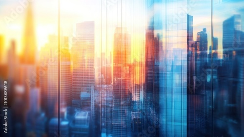 A vibrant cityscape at sunset, showcasing skyscrapers and a colorful skyline.