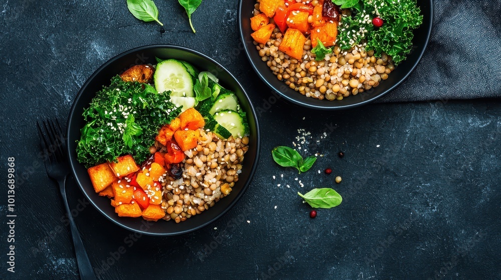 Healthy bowls with grains and vegetables on dark background, perfect for nutritious meal ideas. Healthy bowls with grains and vegetables on dark background, perfect for nutritious meal ideas.