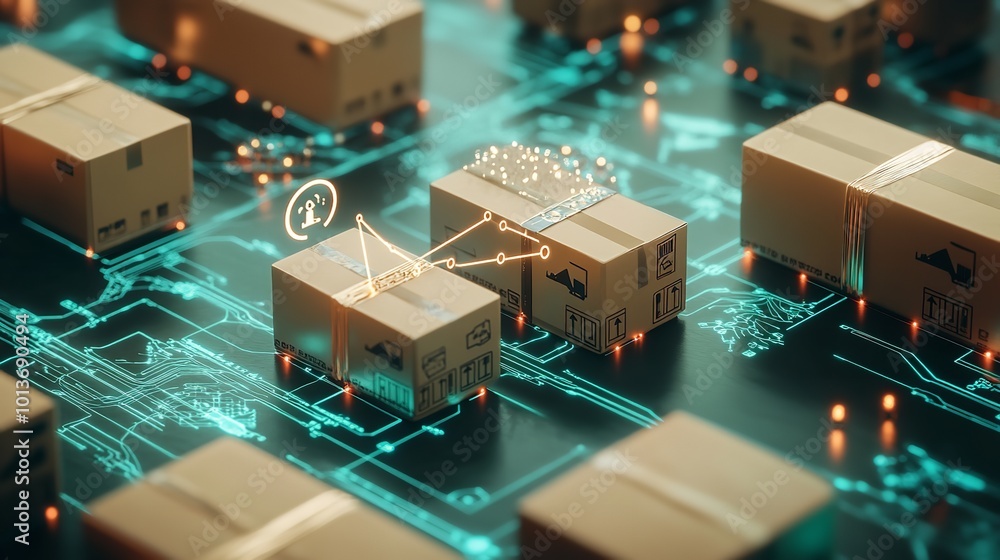 Abstract 3D illustration of cardboard boxes on a circuit board, representing e commerce, online shopping, and global delivery. Abstract 3D illustration of cardboard boxes on a circuit board, representing e commerce, online shopping, and global delivery.