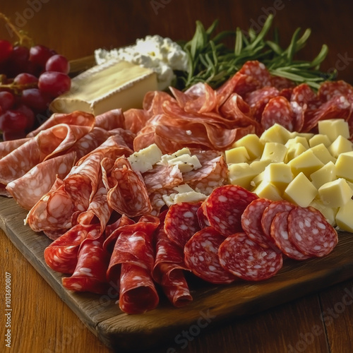 A beautifully arranged charcuterie platter featuring thinly sliced salami, prosciutto, and fresh cheese, presented as traditional appetizers photo