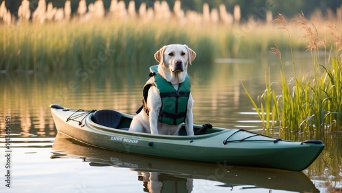 Dog in a Green Life Jacket on a Calm Lake