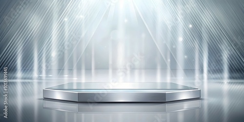 Metallic Podium in Spotlight: Futuristic Octagonal Display Platform Glowing with Light Rays. Perfect for product showcases, award ceremonies, or presentations 