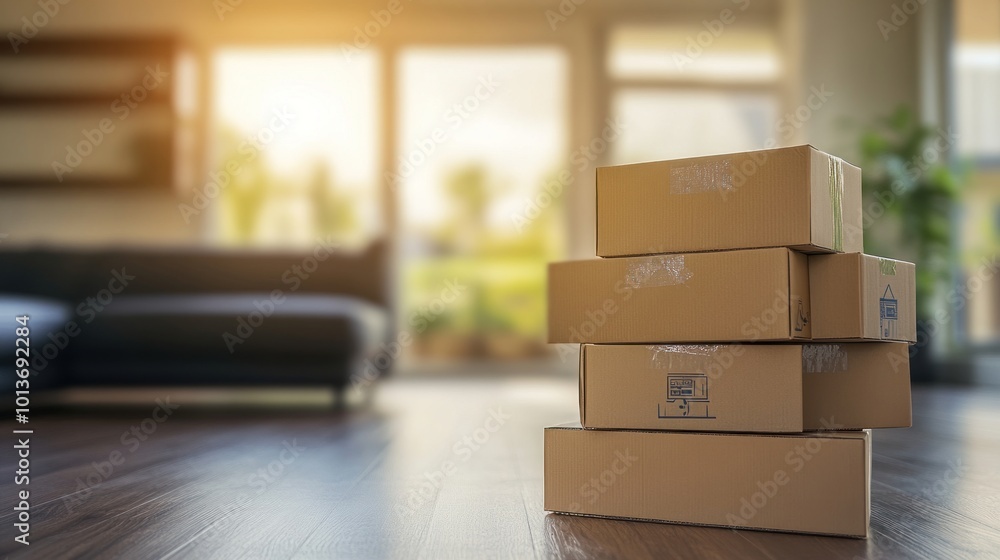 Fototapeta premium A stack of cardboard boxes in a bright, modern living space.