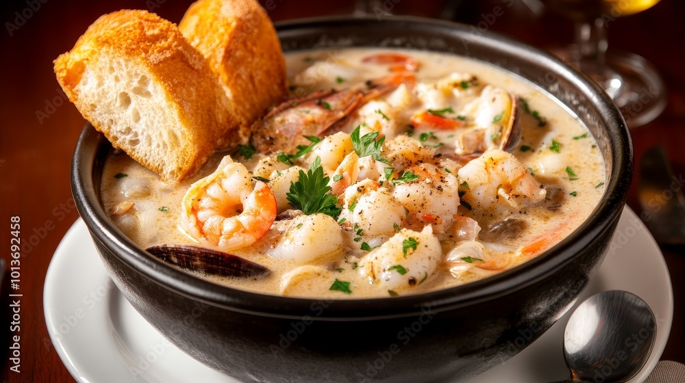 A bowl of creamy seafood soup garnished with shrimp and herbs, served with toasted bread on the side. A bowl of creamy seafood soup garnished with shrimp and herbs, served with toasted bread on the side.