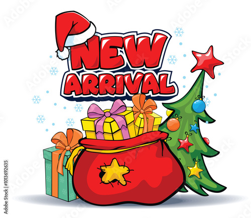 Christmas new arrival advertising. Santa hat, opening gift bag and christmas tree. Winter seasonal sales, black friday. Vector on transparent background