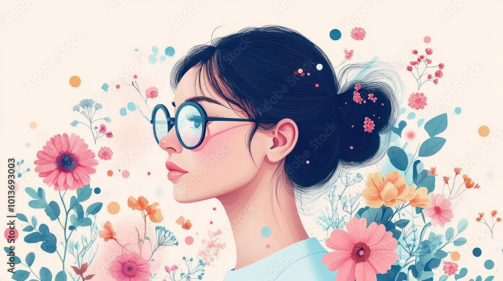 serene portrait of woman with glasses, surrounded by colorful flowers and soft pastel elements serene portrait of woman with glasses, surrounded by colorful flowers and soft pastel elements