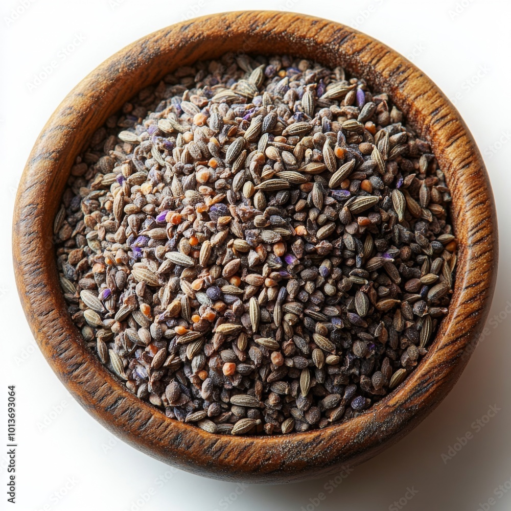 Dried Lavender and Fennel Seeds in Wooden Bowl Dried Lavender and Fennel Seeds in Wooden Bowl