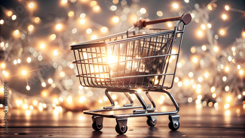 Abstract Glowing Shopping Cart Surrounded by Floating Discount Elements for Cyber Monday Ecommerce Deals | Radiant Digital Art Concept