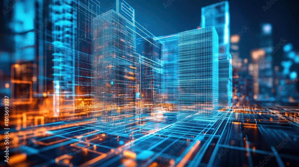 A futuristic cityscape with glowing blue and orange digital structures and networks. A futuristic cityscape with glowing blue and orange digital structures and networks.