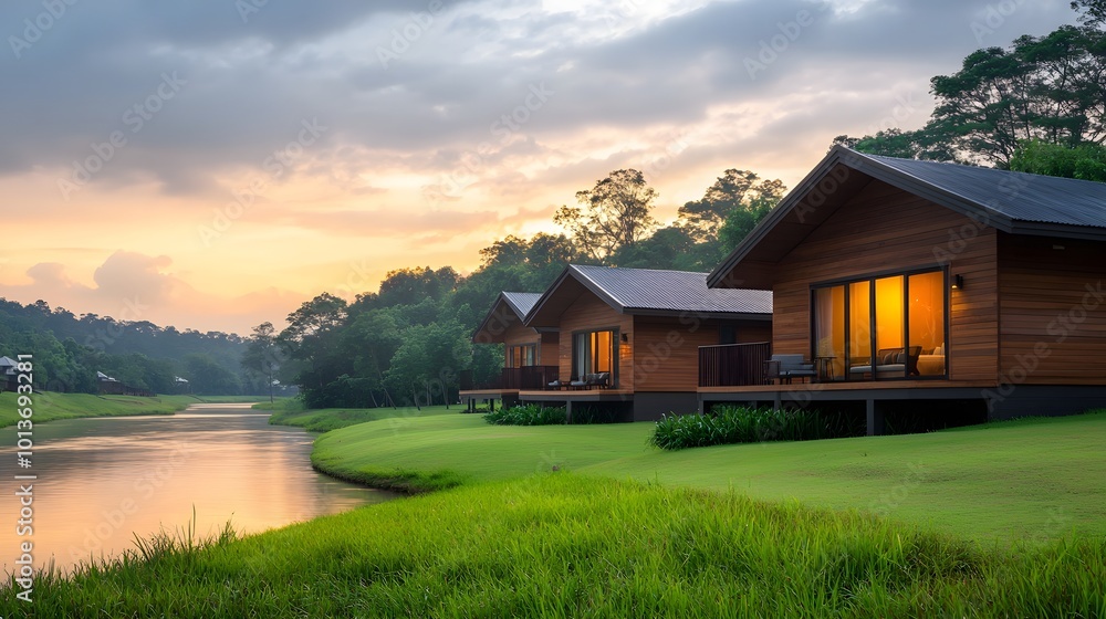 A serene riverside retreat featuring wooden cabins illuminated by sunset, surrounded by lush greenery and tranquil waters. A serene riverside retreat featuring wooden cabins illuminated by sunset, surrounded by lush greenery and tranquil waters.