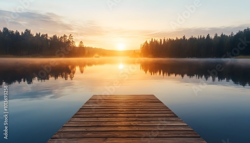 A serene lakeside sunrise with a wooden dock extending into calm waters, framed by trees and reflected light, creating a tranquil atmosphere.