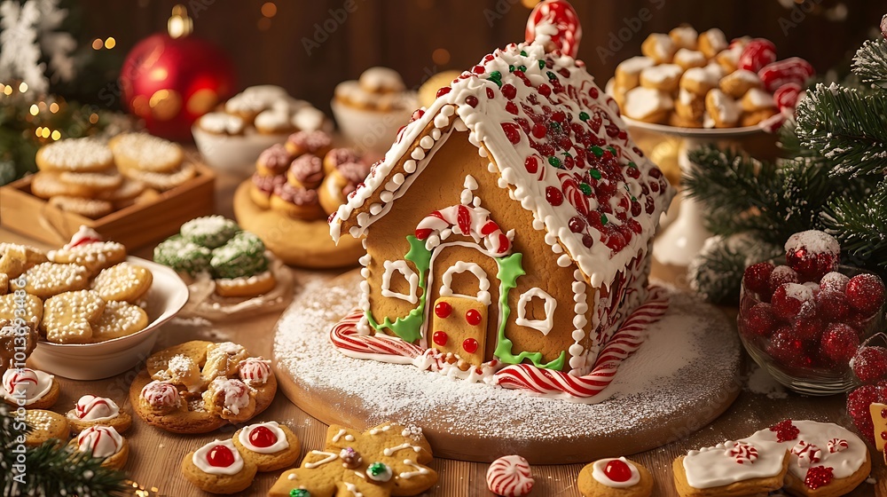 Naklejka premium Gingerbread house surrounded by holiday cookies, candies, and festive decorations on a table.