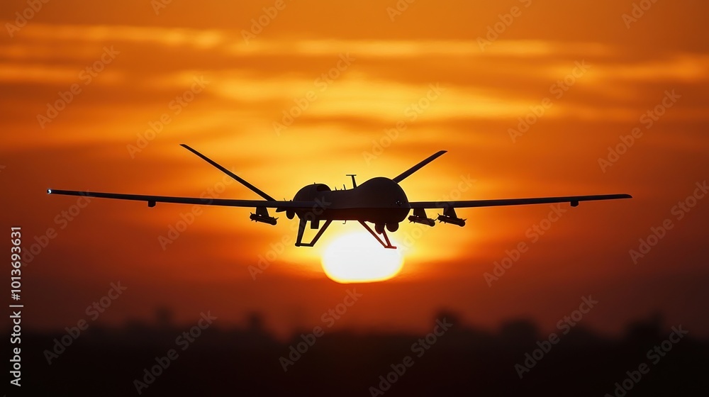 Fototapeta premium A drone silhouetted against a sunset, symbolizing technology in modern aviation.