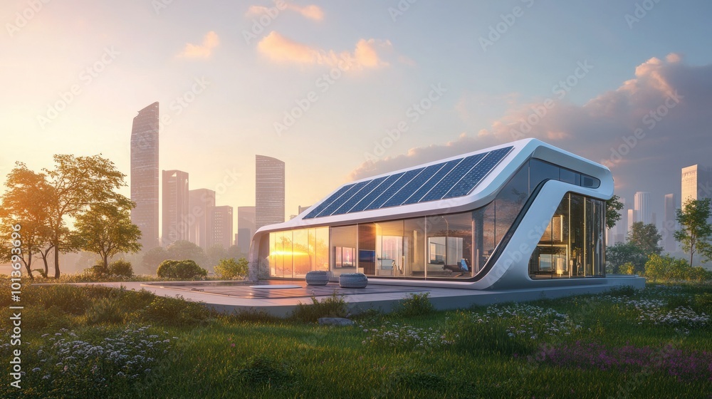 Futuristic Modern Home with Solar Panels and City Skyline in the Background Futuristic Modern Home with Solar Panels and City Skyline in the Background