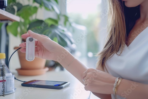 Woman checks glucose level with remote sensor, mobile phone in hand. Modern diabetes treatment technology. Glucose level monitoring without blood, diabetes management. Person uses smartphone to