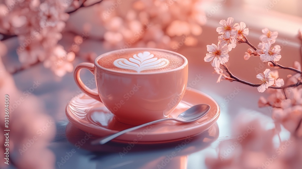 A cup of coffee with latte art sits on a table with a branch of cherry blossoms in the foreground. A cup of coffee with latte art sits on a table with a branch of cherry blossoms in the foreground.