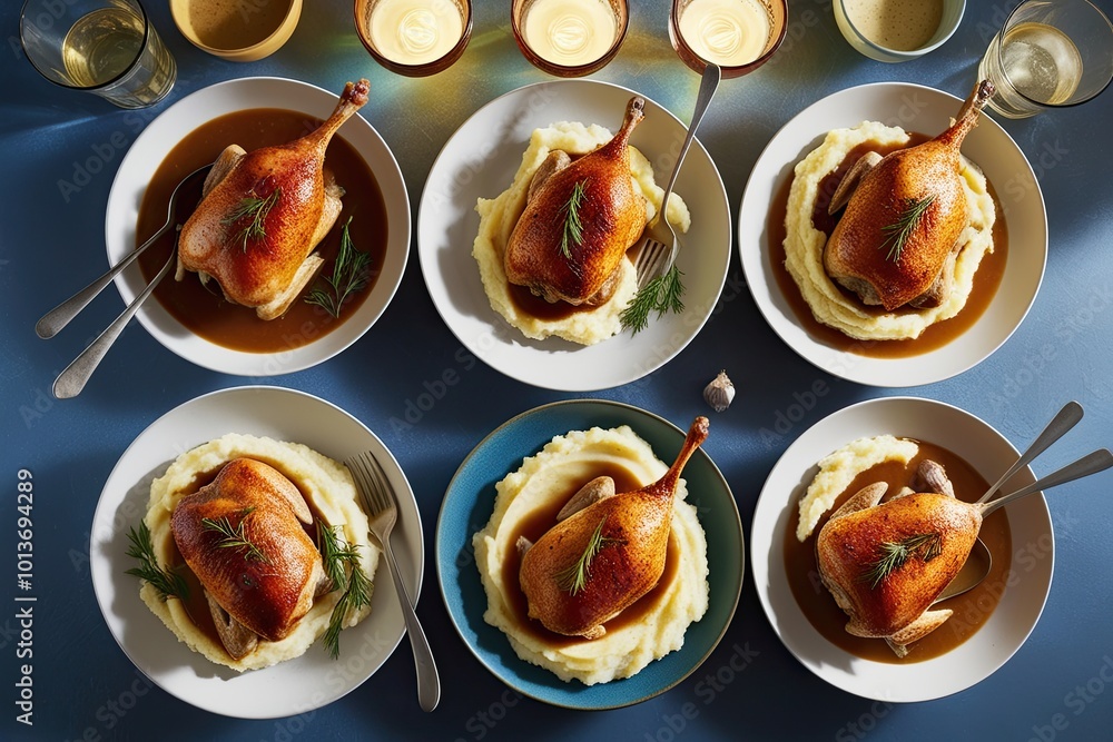 Display of Five Poultry Meals with Mashed Potatoes and Savory Gravies on a Luminous Background Display of Five Poultry Meals with Mashed Potatoes and Savory Gravies on a Luminous Background