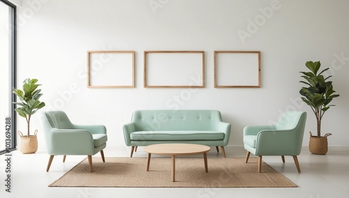 Scandinavian Living Room with Mint Green Sofa and Wooden Frames 