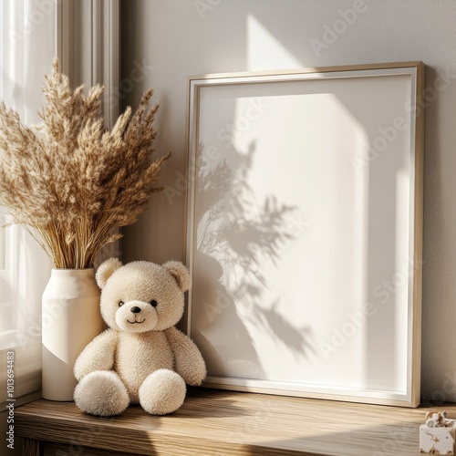 A cozy scene featuring a blank canvas frame, a plush teddy bear, and a vase with pampas grass on a wooden surface under sunlight.