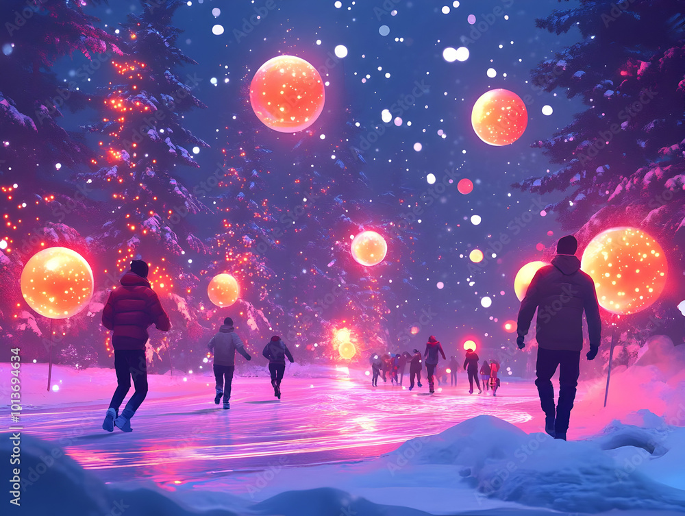 Obraz premium Vibrant Flat Vector Illustration of Glowing Snowball Fight in Radiant Winter Park - Playful Design for Winter Advertisements with Neon Lights