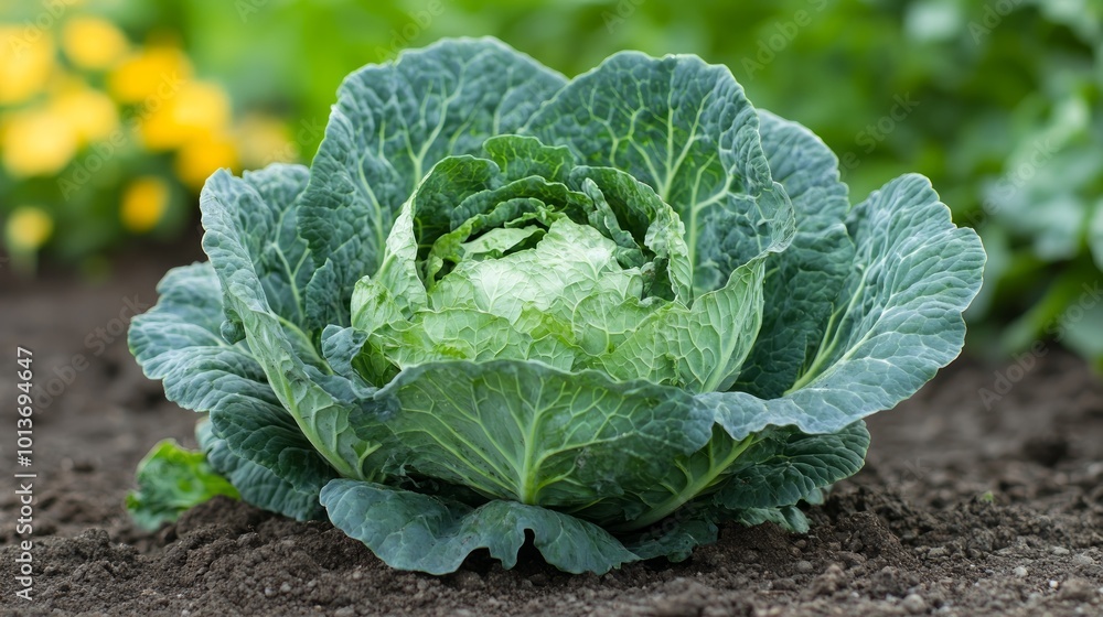 A close-up of a single head of green cabbage growing in a garden. A close-up of a single head of green cabbage growing in a garden.