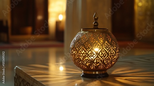 Ornate Golden Lamp Illuminates a Marble Table photo