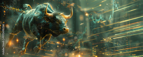 Stock market bull trading up, bullish. Symbolizing rising stock market, uptrend. Green colored. Abstract, modern concept of wall street business, bull market trader, crypto currency trading.