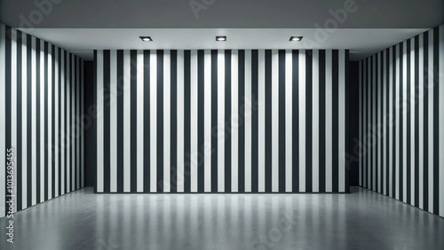 Empty room with black and white striped wall.