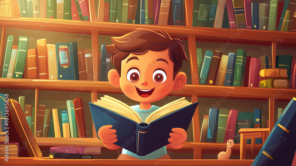 cheerful boy in a bright classroom library, surrounded by shelves of books, animatedly reading a storybook, cartoon vector illustration, cheerful boy in a bright classroom library, surrounded by shelves of books, animatedly reading a storybook, cartoon vector illustration,