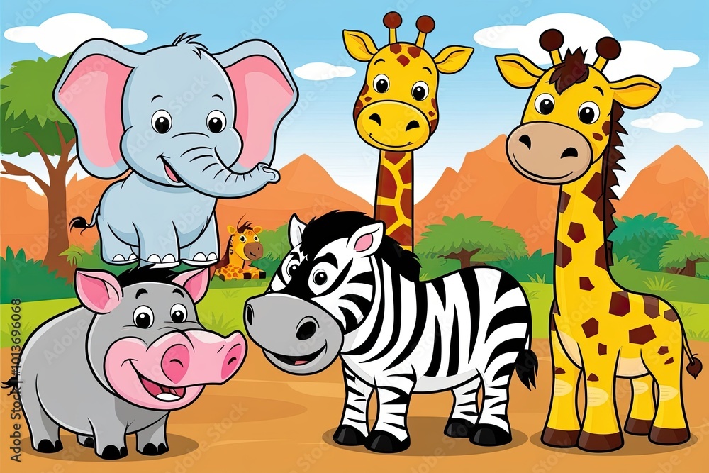 Obraz premium Cute Cartoon Safari Animals: Baby Elephant, Giraffe, Zebra, and Warthog for Children�s Coloring Book Pages