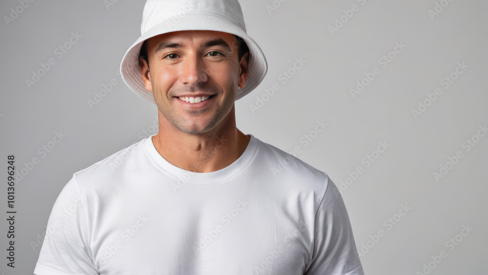 Man wearing white t-shirt and white bucket hat isolated on grey background Man wearing white t-shirt and white bucket hat isolated on grey background