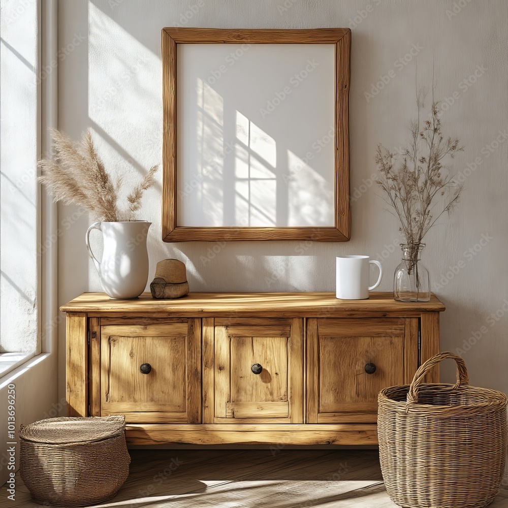 A rustic hallway featuring sunlit wood furniture, charming baskets, and natural flora graced with a soft, vintage light. A rustic hallway featuring sunlit wood furniture, charming baskets, and natural flora graced with a soft, vintage light.