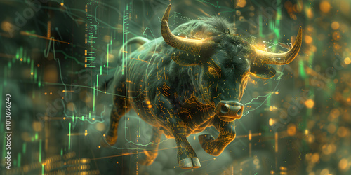 Stock market bull trading up, bullish. Symbolizing rising stock market, uptrend. Green colored. Abstract, modern concept of wall street business, bull market trader, crypto currency trading.