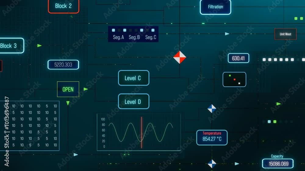 Display of a node tree, control panel, user interface, control desk of a factory. Displays, parameters, measurements, industrial data, chemical plant, industrial plant, device. Concept, 3D animation. Display of a node tree, control panel, user interface, control desk of a factory. Displays, parameters, measurements, industrial data, chemical plant, industrial plant, device. Concept, 3D animation.