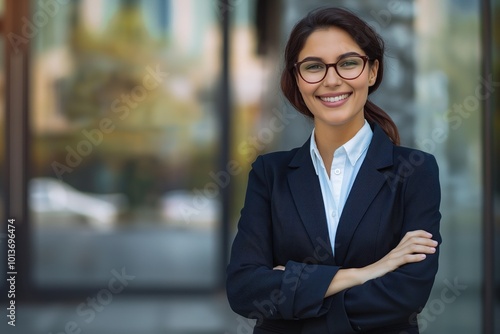 Young woman in professional black blazer and white shirt, smiling directly at camera. Dressed in business attire, glasses reflect light. Hair styled in neat bun, city street background blurred.