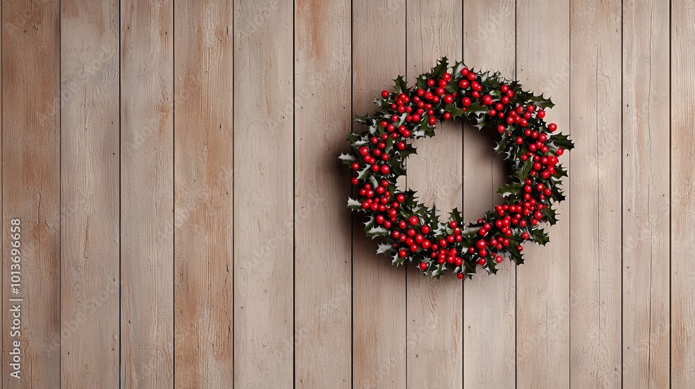 Christmas Holly Wreath on Rustic Wooden Background Christmas Holly Wreath on Rustic Wooden Background