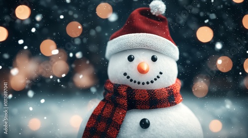 Snowman with Red Hat and Scarf in Snowy Night with Bokeh Lights