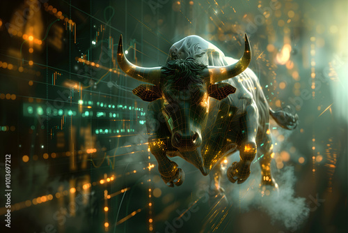 Stock market bull trading up, bullish. Symbolizing rising stock market, uptrend. Green colored. Abstract, modern concept of wall street business, bull market trader, crypto currency trading.