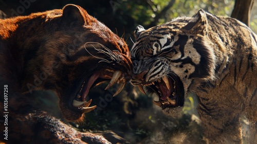 A Sabretooth Cat and a Tiger Facing Off in a Fight photo