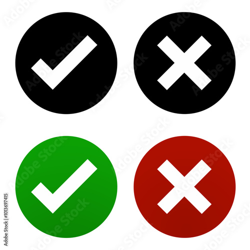 Set of thick check and cross marks icons inside round buttons