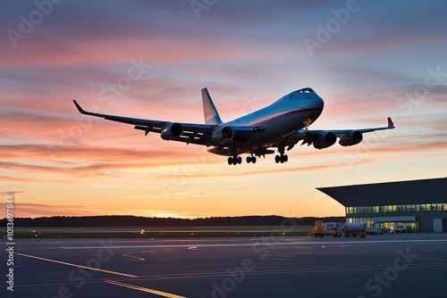 Freight Airplane Taking Off at Sunset from Modern Commercial Airport