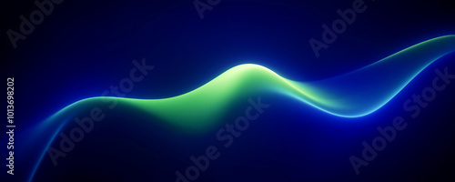 Abstract blue background with a neon green wavy line in the middle, glowing effect, dark gradient background.