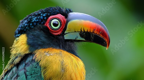 A close-up portrait of a colorful toucan with a large beak and bright red eyes. The bird's feathers are a mix of green, blue, and yellow. The background is blurred green.