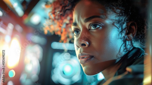 A woman with a black jacket and a black headband is looking at a computer screen