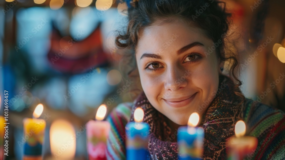 A woman is smiling and looking at the camera while holding a candle A woman is smiling and looking at the camera while holding a candle