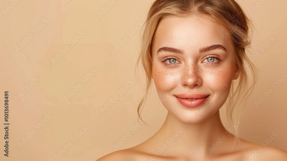 Beauty portrait of blonde natural makeup girl with clean and healthy skin on beige background Beauty portrait of blonde natural makeup girl with clean and healthy skin on beige background